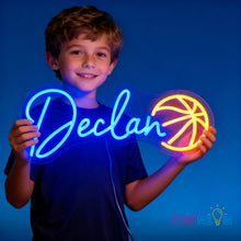 Load image into Gallery viewer, Custom Neon Name Sign Personalized with Football Baseball Soccer Basketball Pattern Sports Led Neon Lights for Bedroom Decor Man Cave Christmas Gift for Boys Girls Baseball Fans