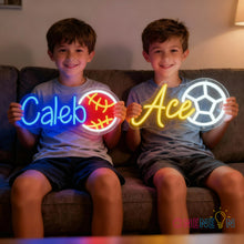 Load image into Gallery viewer, Custom Neon Name Sign Personalized with Football Baseball Soccer Basketball Pattern Sports Led Neon Lights for Bedroom Decor Man Cave Christmas Gift for Boys Girls Baseball Fans