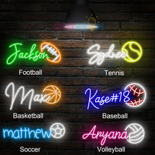 Load image into Gallery viewer, Custom Neon Name Sign Personalized with Football Baseball Soccer Basketball Pattern Sports Led Neon Lights for Bedroom Decor Man Cave Christmas Gift for Boys Girls Baseball Fans
